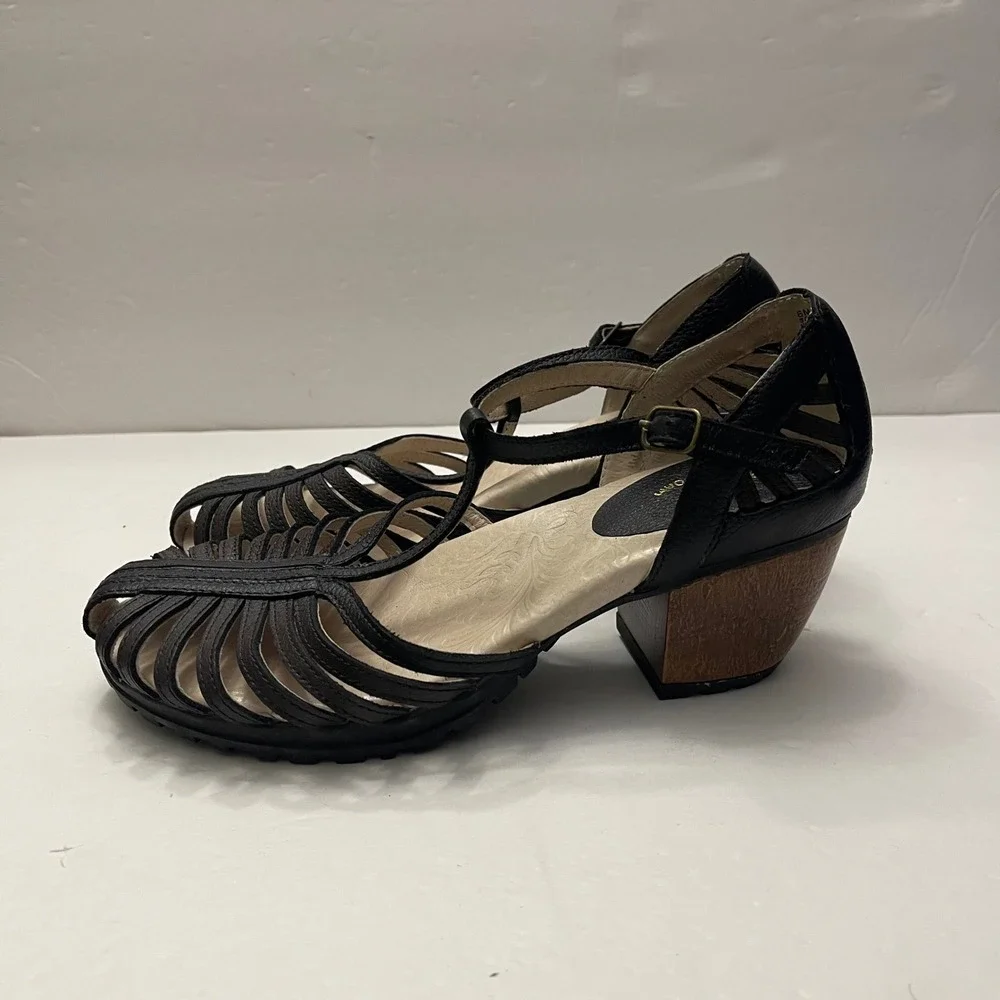 Jambu Sofia Black Leather T-Strap Caged Block Heel Sandals Womens 8M
